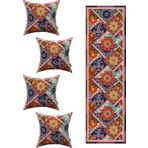 Kahverengi Etnik Vintage Desenli 4'lü Kırlent Kılıfı 1 Runner Seti 4KMBS229-RS-01