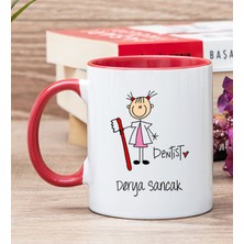 Hediye Dükkanı Kişiye Özel Bayan Diş Hekimi Karikatürü Kırmızı Kupa Bardak