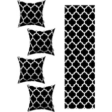 Siyah Beyaz Modern Geometrik Desenli 4'lü Kırlent Kılıfı 1 Runner Seti 4KMBS234-RS