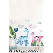 Kt Grup Sevimli Dino Arkadaşlar Renkli Bulutlar ve Tropikal Yapraklar Çocuk Odası Duvar Sticker