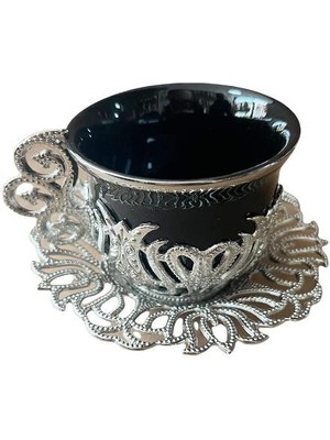 Türk Kahvesi Fincan Takımı 6 Kişilik Fincan Özel Desen Metal Döküm Hediyelik Gümüş Siyah Renk