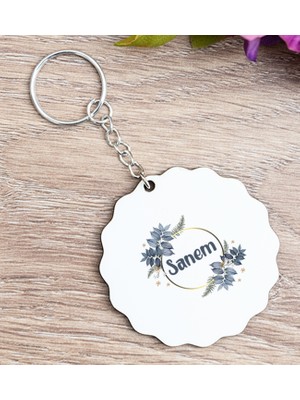 Hediye Dükkanı Kişiye Özel  Çiçek Desenli Isme Özel Ahşap Anahtarlık