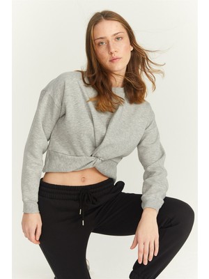 Nalu Gri Melanj Bisiklet Yaka Içi Polarlı Crop Örme Sweatshirt