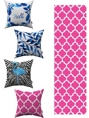 Mavi Pembe Tropik Geometrik Desenli 4'lü Kırlent Kılıfı 1 Runner Seti 4KMBS020-RS