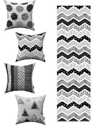 Siyah Beyaz Geometrik Dekoratif Desenli 4'lü Kırlent Kılıfı 1 Runner Seti 4KMBS82-RS-01