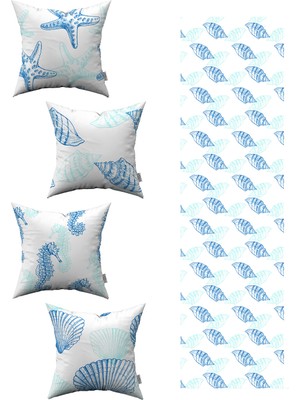 Mavi Beyaz Marin Desenli 4'lü Kırlent Kılıfı 1 Runner Seti 4KMBS101-RS-01