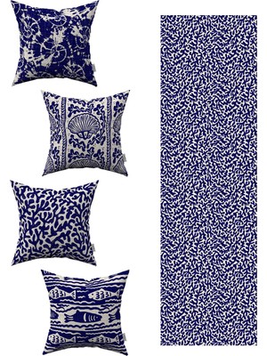 Mavi Bej Marin Desenli 4'lü Kırlent Kılıfı 1 Runner Seti 4KMBS102-RS-02