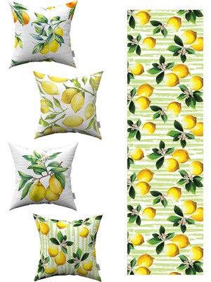 Sarı Yeşil Limon Desenli 4'lü Kırlent Kılıfı 1 Runner Seti 4KMBS92-RS-02