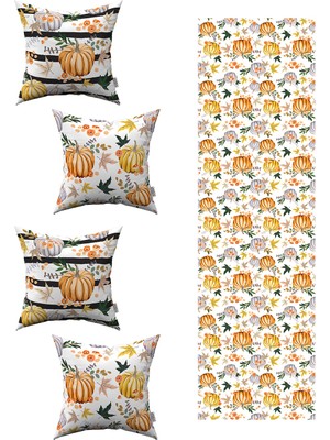 Turuncu Halloween Balkabağı Desenli 4'lü Kırlent Kılıfı 1 Runner Seti 4KMBS132-RS