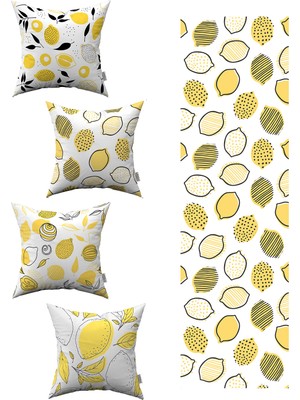 Beyaz Sarı Limon Desenli 4'lü Kırlent Kılıfı 1 Runner Seti 4KMBS93-RS-01