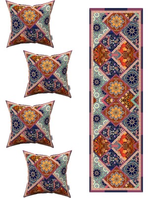 Kahverengi Etnik Vintage Desenli 4'lü Kırlent Kılıfı 1 Runner Seti 4KMBS229-RS-02