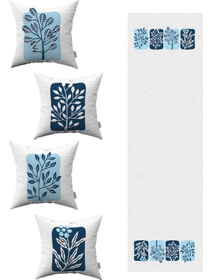 Mavi Beyaz Dekoratif Modern Yaprak Desenli 4'lü Kırlent Kılıfı 1 Runner Seti 4KMBS125-RS
