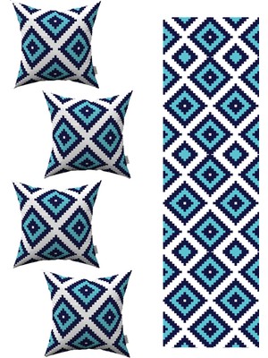 Mavi Beyaz Etnik Baklava Desenli 4'lü Kırlent Kılıfı 1 Runner Seti 4KMBS238-RS