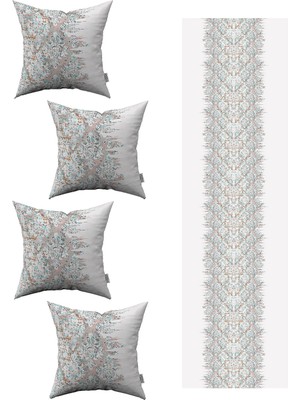 Mavi Gri Damask Desenli 4'lü Kırlent Kılıfı 1 Runner Seti 4KMBS219-RS