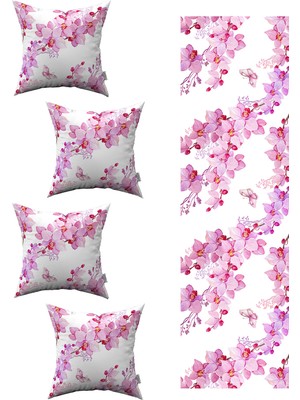Cango Home Beyaz Pembe Orkide Çiçek Desenli 4'lü Kırlent Kılıfı 1 Runner Seti 4KMBS242-RS