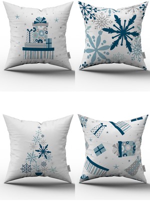 Beyaz Mavi Yılbaşı Temalı 4'lü Kırlent Kılıfı Seti 4KMBS147
