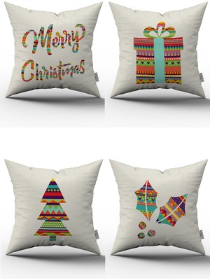 Krem Çok Renkli Yılbaşı Temalı 4'lü Kırlent Kılıfı Seti 4KMBS152
