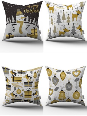 Sarı Gri Yılbaşı Temalı 4'lü Kırlent Kılıfı Seti 4KMBS155