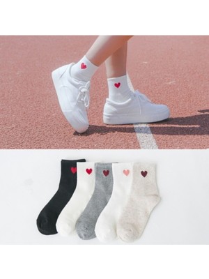 Meguca Socks Kadın Renkli Kalp Desenli Yarım Konç Kolej Çorap Seti 5 Çift