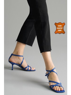 Mio Gusto Valeria Deri Saks Mavi Renk Kadın Sandalet Topuklu Ayakkabı