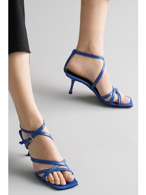 Mio Gusto Valeria Deri Saks Mavi Renk Kadın Sandalet Topuklu Ayakkabı