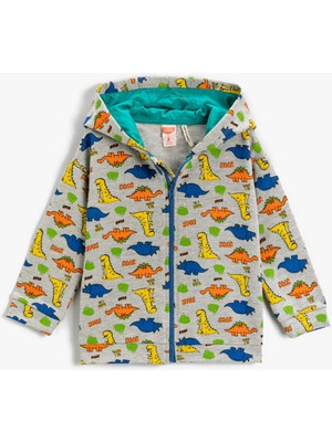 Koton Dinozor Baskılı Kapşonlu Sweatshirt Fermuarlı