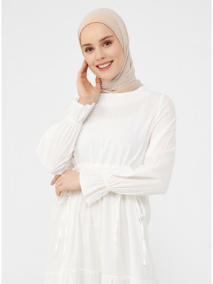 Bel Detaylı Keten Görünümlü Elbise - Off White - Refka Casual