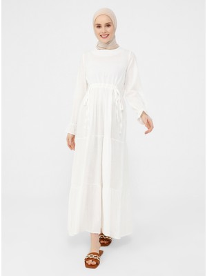 Bel Detaylı Keten Görünümlü Elbise - Off White - Refka Casual