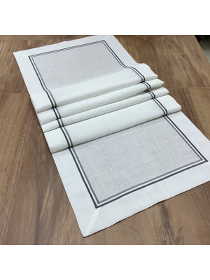 Oya Home Çift Pikolu Ranır -45*150 Cm-Kırık Beyaz Zemin&gri Dikiş