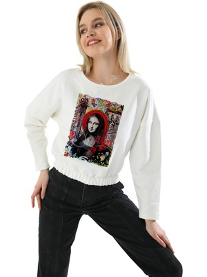 Maymuun Design Kırmızı Hareli Lisa Isimli Baskılı Sırtı Açık Crop Sweatshirt