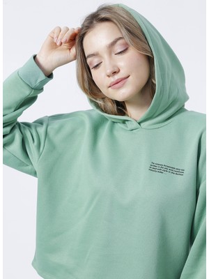 Aeropostale Kapüşonlu Crop Baskılı Kadın Yeşil Sweatshirt - K-GAIA-Y