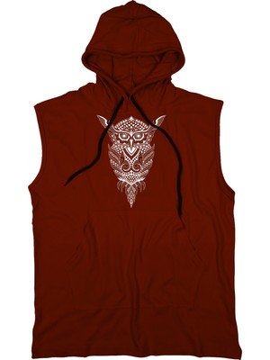 Bluu Owl Unisex Kapşonlu Kolsuz T-Shirt %100 Pamuklu Nefes Alabilir Kumaş ile Konfor