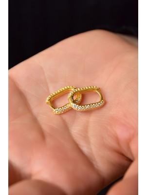 Papatya Silver 925 Ayar Gümüş Gold Kaplama Tamtur Zirkon Taşlı Dikdörtgen Halka Küpe