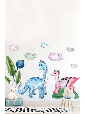 Kt Grup Sevimli Dino Arkadaşlar Renkli Bulutlar ve Tropikal Yapraklar Çocuk Odası Duvar Sticker