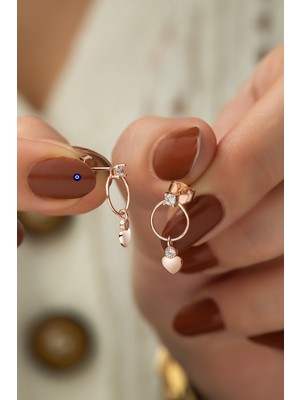 Papatya Silver 925 Ayar Gümüş Rose Kaplama Tek Taş Halka Kalp Küpe