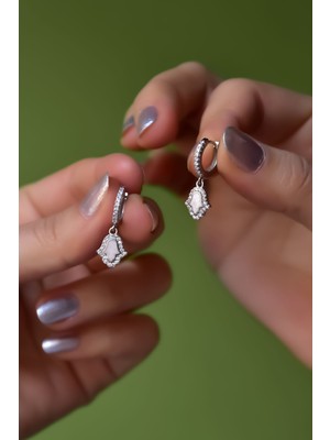 Papatya Silver 925 Ayar Gümüş Rodyum Kaplama Zirkon Taşlı Opal Taşlı Fatma Eli Halka Küpe