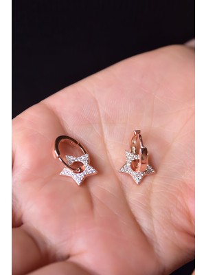 Papatya Silver 925 Ayar Gümüş Rose Kaplama Zirkon Taşlı Yıldız Küpe