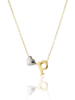 Papatya Silver 925 Ayar Gümüş Gold Kaplama Mini Üç Boyutlu P Harfi Kalp Kolye