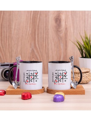 Hediye Dükkanı Kişiye Özel Aşk Her Zaman Kazanır İkili Ahşap Altlıklı Siyah Kupa Bardak