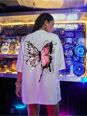 Bars Depo Beyaz Kelebek Baskılı Oversize T-Shirt