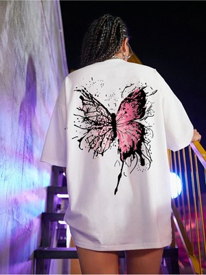 Bars Depo Beyaz Kelebek Baskılı Oversize T-Shirt