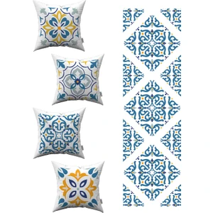 Beyaz Mavi Modern Etnik Karo Desenli 4'lü Kırlent Kılıfı 1 Runner Seti 4KMBS100-RS-02