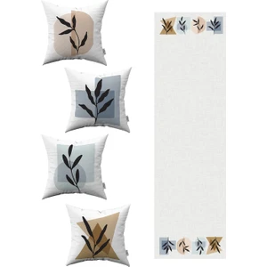 Kahverengi Mavi Modern Soyut Yaprak Desenli 4'lü Kırlent Kılıfı 1 Runner Seti 4KMBS107-RS