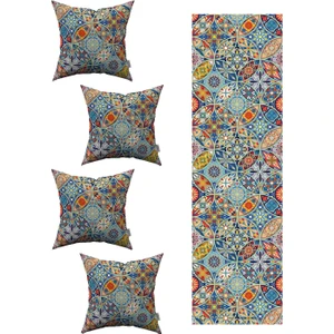 Cango Home Mavi Retro Vintage Desenli 4'lü Kırlent Kılıfı 1 Runner Seti 4KMBS227-RS