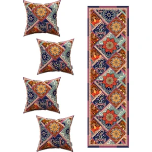 Kahverengi Etnik Vintage Desenli 4'lü Kırlent Kılıfı 1 Runner Seti 4KMBS229-RS-01