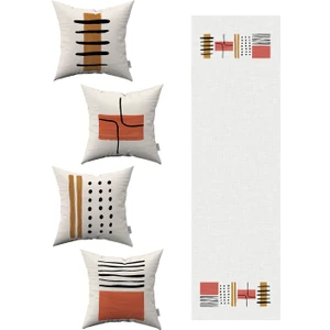 Turuncu Kahverengi Modern Soyut Desenli 4'lü Kırlent Kılıfı 1 Runner Seti 4KMBS120-RS