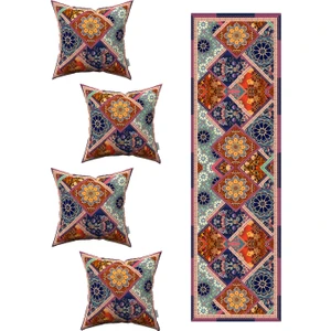 Kahverengi Etnik Vintage Desenli 4'lü Kırlent Kılıfı 1 Runner Seti 4KMBS229-RS-02