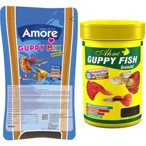 Guppy Mix Granules 45GR Poşet  + Ahm Guppy Fish Granulat 100ML Tropikal Balık Yemi