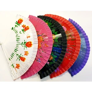 Hilall Shop Çift Taraflı Çiçek Desenli Bambu Yelpaze Ahşap Yelpaze