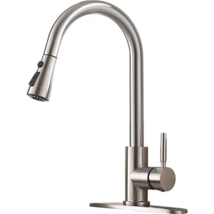 Guangdong Spirit Tek Kolu Yüksek Ark Pull Out Fırçalanmış Nikel Mutfak Bataryası Paslanmaz Çelik Lavabo Bataryaları, Pull Down Püskürtücü Çok Fonksiyonlu Musluk